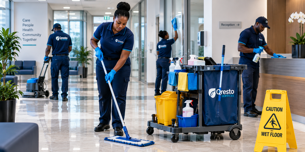 Qresto Services professional cleaning team providing commercial and facility cleaning services